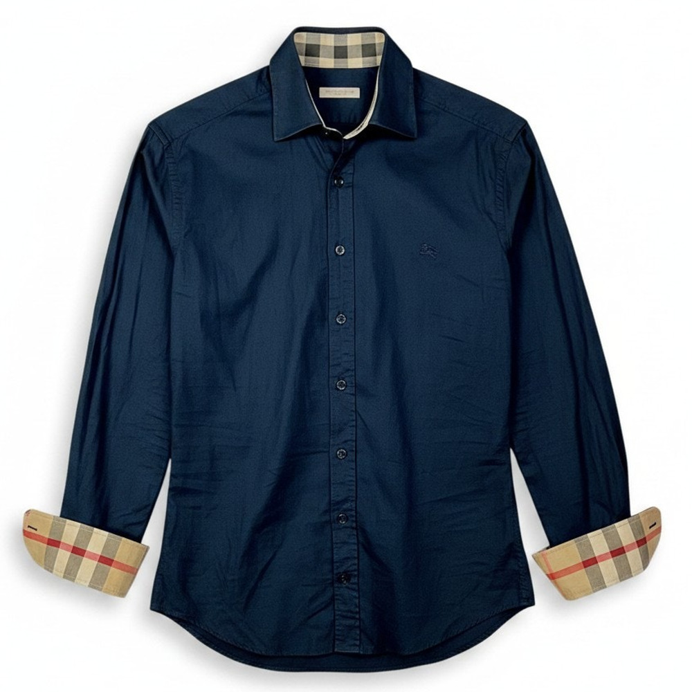 Burberry Brit Navy Blue Nova Check Cuffs Collar Button-Up Shirt Men's Small Lux
